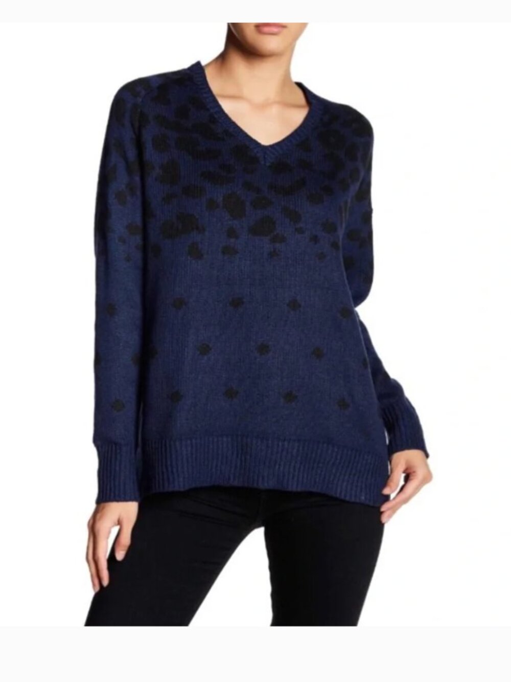 John + Jenn Leopard Print V-Neck Sweater in Navy & Black